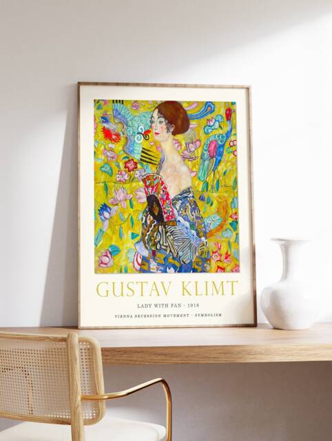 Gustav Klimt Poster, Lady With Fan, Exhibition Art Nouveau, Modern Print, Wall Decor, Housewarming Gift A1/A2/A3/A4 - image 1