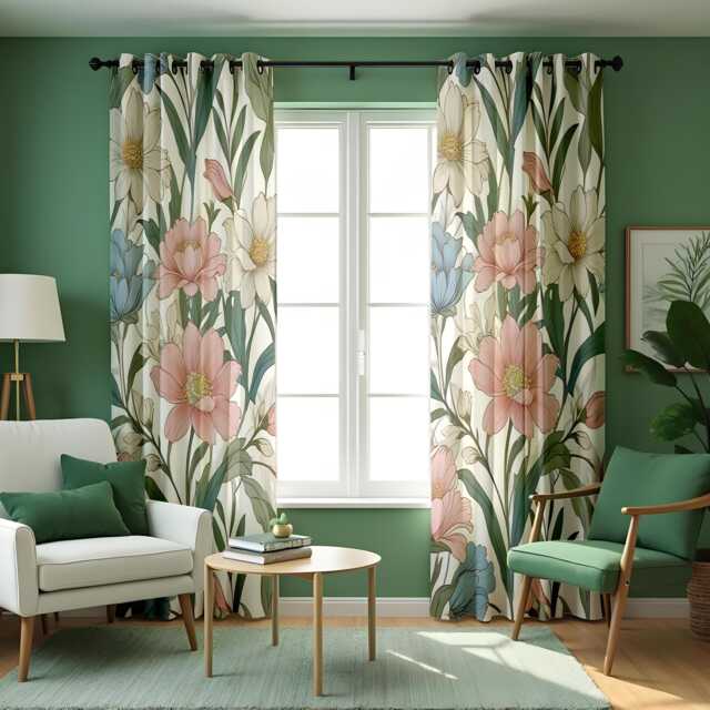 Pastel Floral Curtains, Big Flowers Botanical Leaf Pattern Drapes, Custom Made Window Panels For Home Decor - image 1