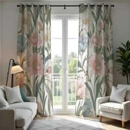 Pastel Floral Curtains, Big Flowers Botanical Leaf Pattern Drapes, Custom Made Window Panels For Home Decor - thumbnail 4