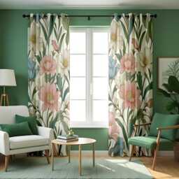 Pastel Floral Curtains, Big Flowers Botanical Leaf Pattern Drapes, Custom Made Window Panels For Home Decor - thumbnail 1