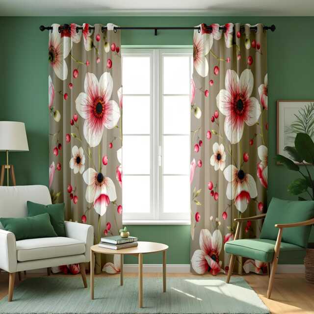 Taupe Floral Curtains, Big White Pink Flower Print Drapes, Custom Size Botanical Window Panels For Modern Home Decor - image 1