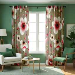 Taupe Floral Curtains, Big White Pink Flower Print Drapes, Custom Size Botanical Window Panels For Modern Home Decor