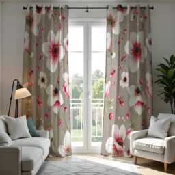 Taupe Floral Curtains, Big White Pink Flower Print Drapes, Custom Size Botanical Window Panels For Modern Home Decor - thumbnail 4