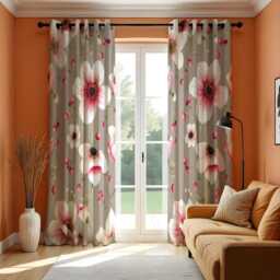 Taupe Floral Curtains, Big White Pink Flower Print Drapes, Custom Size Botanical Window Panels For Modern Home Decor - thumbnail 2