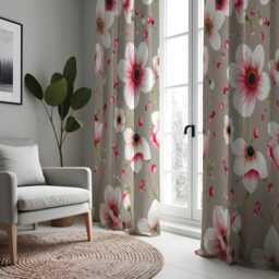 Taupe Floral Curtains, Big White Pink Flower Print Drapes, Custom Size Botanical Window Panels For Modern Home Decor - thumbnail 3