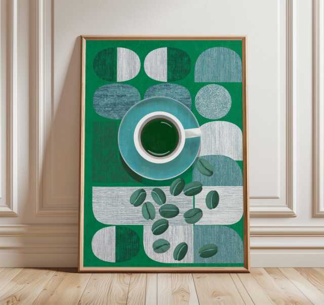 Modern Coffee Cup Abstract Poster, Green Geometric Wall Art, Mid Century Style Kitchen Decor, Retro Beans Print - image 1