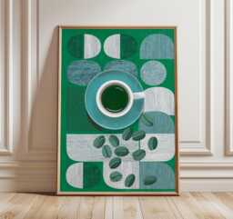 Modern Coffee Cup Abstract Poster, Green Geometric Wall Art, Mid Century Style Kitchen Decor, Retro Beans Print - thumbnail 1