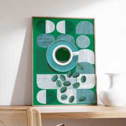 Modern Coffee Cup Abstract Poster, Green Geometric Wall Art, Mid Century Style Kitchen Decor, Retro Beans Print - thumbnail 2