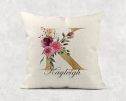 Personalised Initial & Name , Gold Floral Linen Cushion . Girls/Mum/Nan Birthday Gift