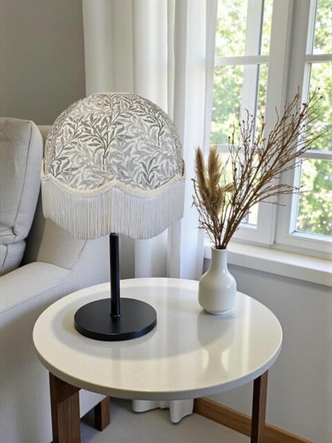 Handmade William Morris Natural Willow Bough Fabric Dome Lampshade Cream Braid & Fringe, Bespoke British Made - image 1