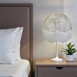 Handmade William Morris Natural Willow Bough Fabric Dome Lampshade Cream Braid & Fringe, Bespoke British Made - thumbnail 2