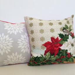 Christmas Poinsettia Pillow Cover Gray Floral Print With Red Piping - thumbnail 3