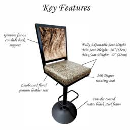 Cowhide Leather Swivel Bar Stool - Adjustable Height, Back Support - thumbnail 3