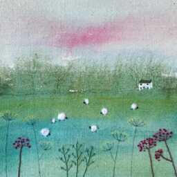Textile Sunset Landscape With Little Woolly Sheep Picture - Farming Art Countryside Original - thumbnail 3