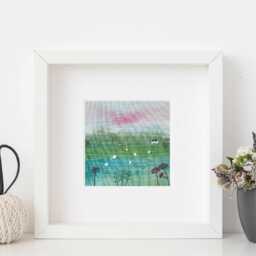 Textile Sunset Landscape With Little Woolly Sheep Picture - Farming Art Countryside Original - thumbnail 2