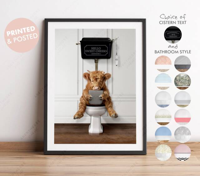 Baby Highland Cow Calf On Toilet With Tablet, Victorian Toilet, Funny Bathroom Print, Animal Cute Scotland Cow, Whimsy - image 1