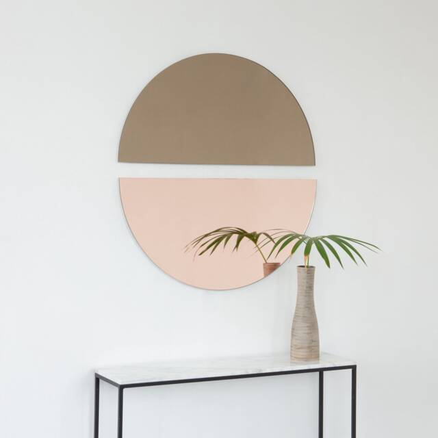 Set Of 2 Luna??? Half-Moon Pieces Mixed Tinted Bronze + Peach Round Frameless Contemporary Mirrors - image 1