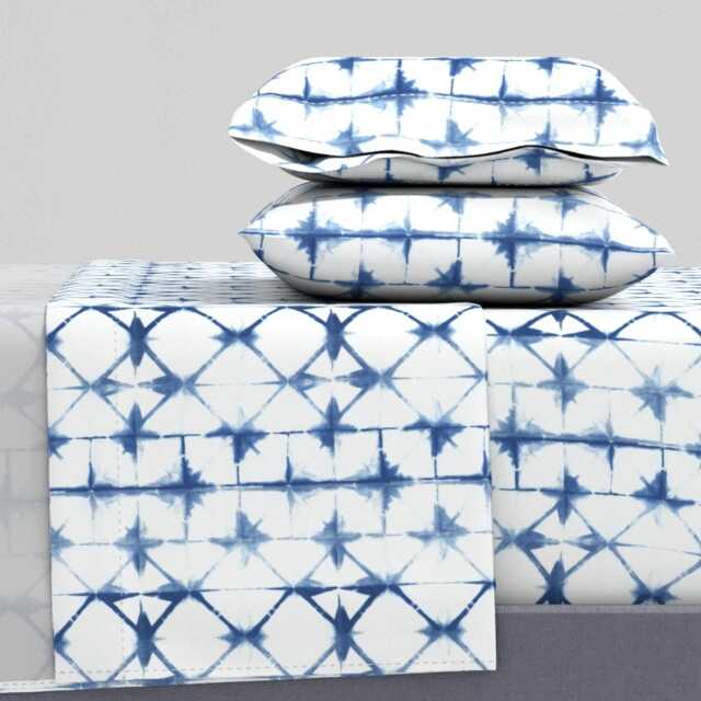 Indigo Geometric Sheets - Shibori By Jillbyers Triangle Japanese Style Bohemian Cotton Sateen Sheet Set Bedding Spoonflower - image 1