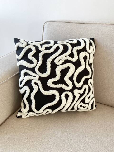 Groovy Punch Needle Pillow Cover, Cosy Decorative Embroidered Cushion Cover, Wavy Aesthetics, Black & White Rug Cushion, Abstract Throw - image 1