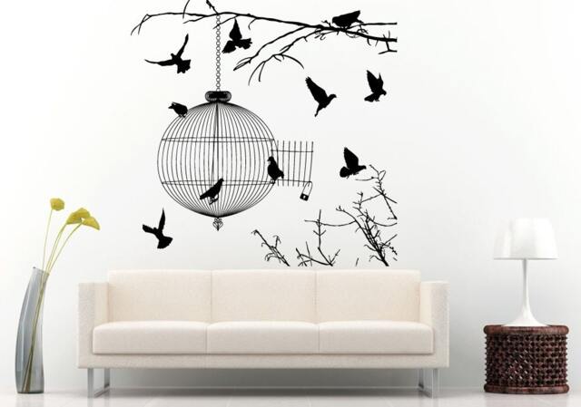 Beautiful Tree Branch With Round Bird Cage Hanging & Birds Everywhere Wall Decal Vinyl Sticker Mural Room Decor L964 - image 1
