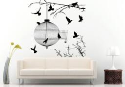 Beautiful Tree Branch With Round Bird Cage Hanging & Birds Everywhere Wall Decal Vinyl Sticker Mural Room Decor L964