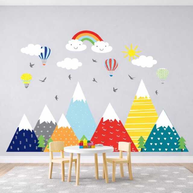 Wall Decals, Large Mountain Stickers, Colorful Rainbow Hot Air Balloons, Kids Nursery Decor - image 1