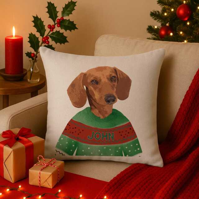 Personalised Tan Dachshund Christmas Cushion Cover Dog Xmas Jumper Throw Pillow Christmassy Festive Decor New Puppy Gift Sausage Edj20 - image 1