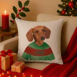 Personalised Tan Dachshund Christmas Cushion Cover Dog Xmas Jumper Throw Pillow Christmassy Festive Decor New Puppy Gift Sausage Edj20