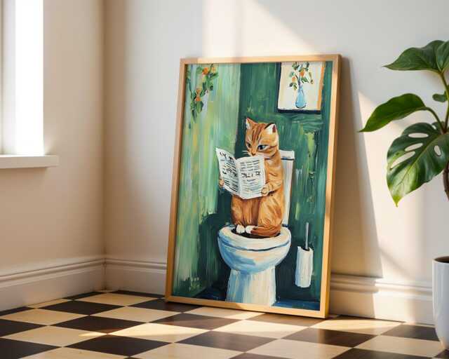 Cat On Toilet Print - Funny Bathroom Wall Art, Print, Dopamine Decor, Poster, Gift - image 1