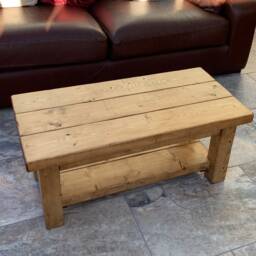 Coffee Table Rustic Chunky Coffee Table Solid Wood With Shelf Pine Oak Walnut - thumbnail 3
