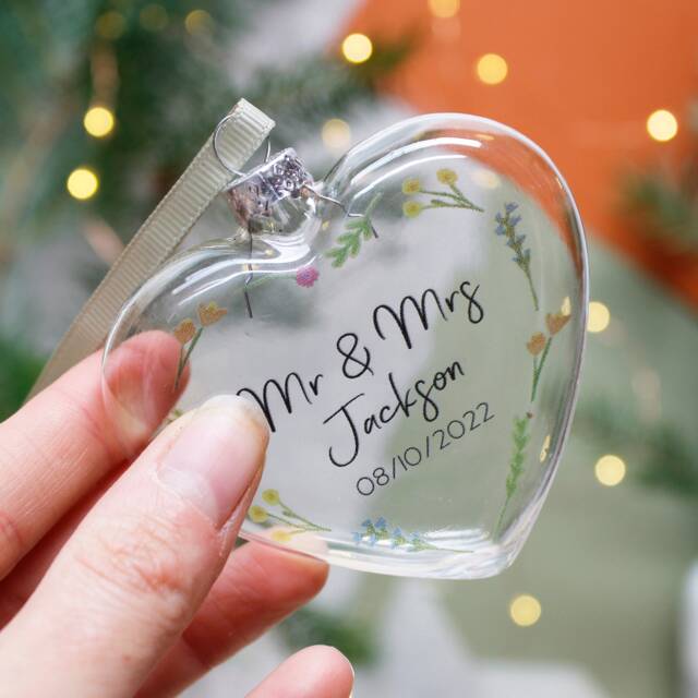 Mr & Mrs Decoration - Christmas Bauble & Wildflower Glass Wedding Gift 3rd Anniversary - image 1