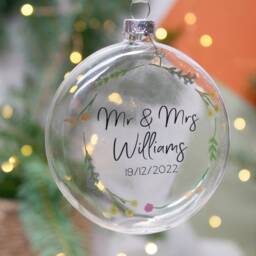Mr & Mrs Decoration - Christmas Bauble & Wildflower Glass Wedding Gift 3rd Anniversary - thumbnail 2
