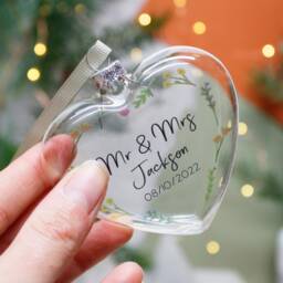 Mr & Mrs Decoration - Christmas Bauble & Wildflower Glass Wedding Gift 3rd Anniversary