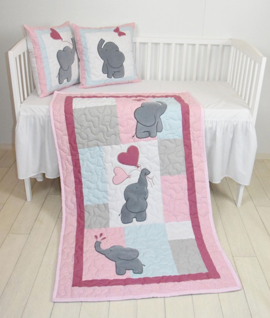 Pink Baby Quilt, Elephant Blanket, Gray Blue Crib Bedding, Safari Nursery - image 1