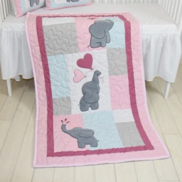 Pink Baby Quilt, Elephant Blanket, Gray Blue Crib Bedding, Safari Nursery - thumbnail 2