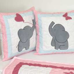Pink Baby Quilt, Elephant Blanket, Gray Blue Crib Bedding, Safari Nursery - thumbnail 3
