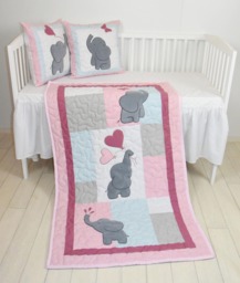Pink Baby Quilt, Elephant Blanket, Gray Blue Crib Bedding, Safari Nursery - thumbnail 1