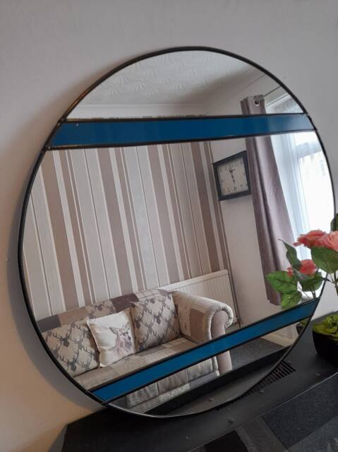 Art Deco Round Mirror, Bathroom Mirror, Stained Glass Blue Deco Wall Hallway Mirror - image 1