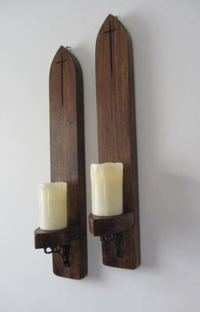 Pair Of Gothic/Church Reclaimed Chunky Plank Wood Wall Sconce's Candle Holders With Beautiful Cast Iron Brackets Various Sizes Available - image 1