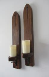 Pair Of Gothic/Church Reclaimed Chunky Plank Wood Wall Sconce's Candle Holders With Beautiful Cast Iron Brackets Various Sizes Available - thumbnail 1