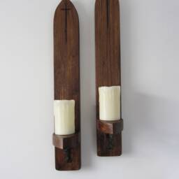 Pair Of Gothic/Church Reclaimed Chunky Plank Wood Wall Sconce's Candle Holders With Beautiful Cast Iron Brackets Various Sizes Available - thumbnail 3