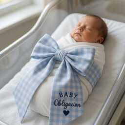 Custom Baby Name Embroidered Newborn Bow Sash, Personalized Gingham Swaddle, Sash For Picture, Shower Gift - thumbnail 2