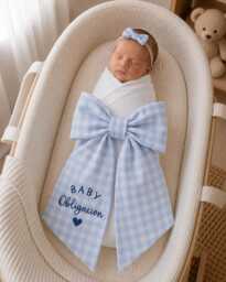 Custom Baby Name Embroidered Newborn Bow Sash, Personalized Gingham Swaddle, Sash For Picture, Shower Gift