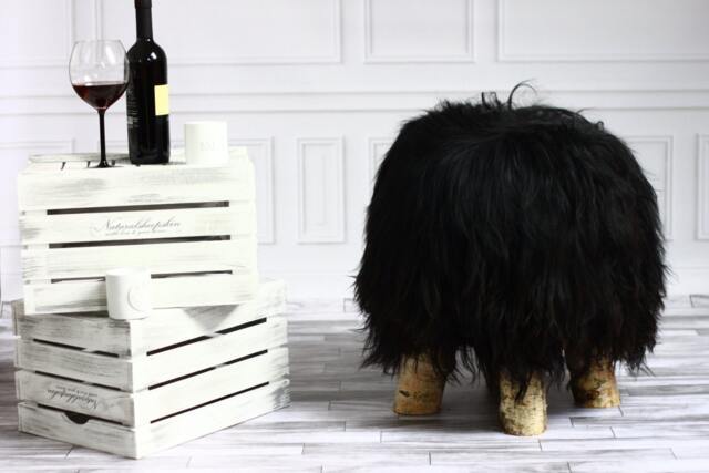 On Sale Luxury Beautiful Real Shaggy Black Icelandic Sheepskin Stool, Chair, Pouf, Scandinavian Design - image 1