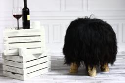 On Sale Luxury Beautiful Real Shaggy Black Icelandic Sheepskin Stool, Chair, Pouf, Scandinavian Design