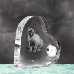 Burmese Cat - Crystal Clock in The Shape Of A Heart With Image Pure-Bred Cat - thumbnail 3