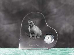 Burmese Cat - Crystal Clock in The Shape Of A Heart With Image Pure-Bred Cat - thumbnail 1