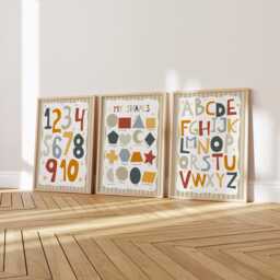 Set Of 3 Neutral Educational Nursery Prints, Colourful Shapes Print, Alphabet Chart, Numbers Bright Children's Playroom Prints - thumbnail 2