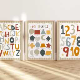Set Of 3 Neutral Educational Nursery Prints, Colourful Shapes Print, Alphabet Chart, Numbers Bright Children's Playroom Prints - thumbnail 3