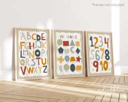 Set Of 3 Neutral Educational Nursery Prints, Colourful Shapes Print, Alphabet Chart, Numbers Bright Children's Playroom Prints - thumbnail 1